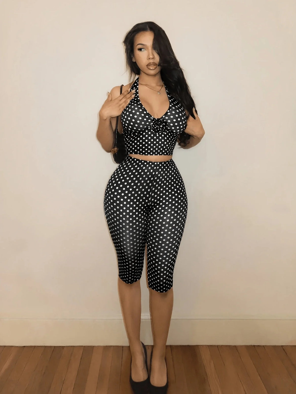Sexy Black White Polka Dot Hanging Neck Suit Women's Fashionable Clothing Set