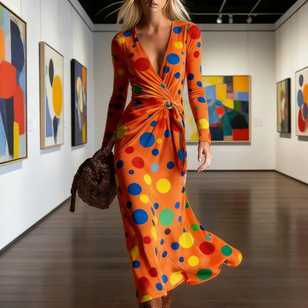 Women's Pink Purple Polka Dot Velvet Maxi Dress Colorful Long Sleeve