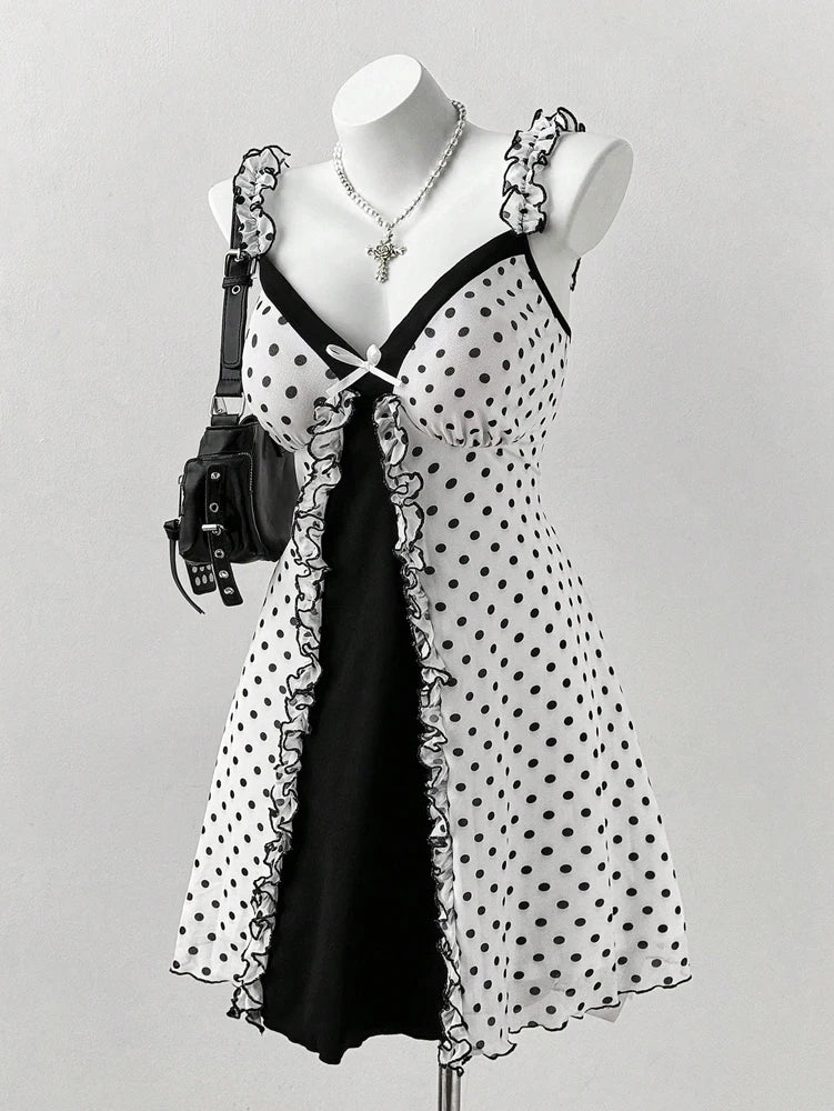 Plus Size Y2K Polka Dot Dress, Ruffle Trim Bow Front Cami Mini Dress