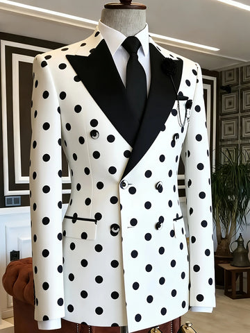 Men's White & Black Polka Dot Double-Breasted Blazer