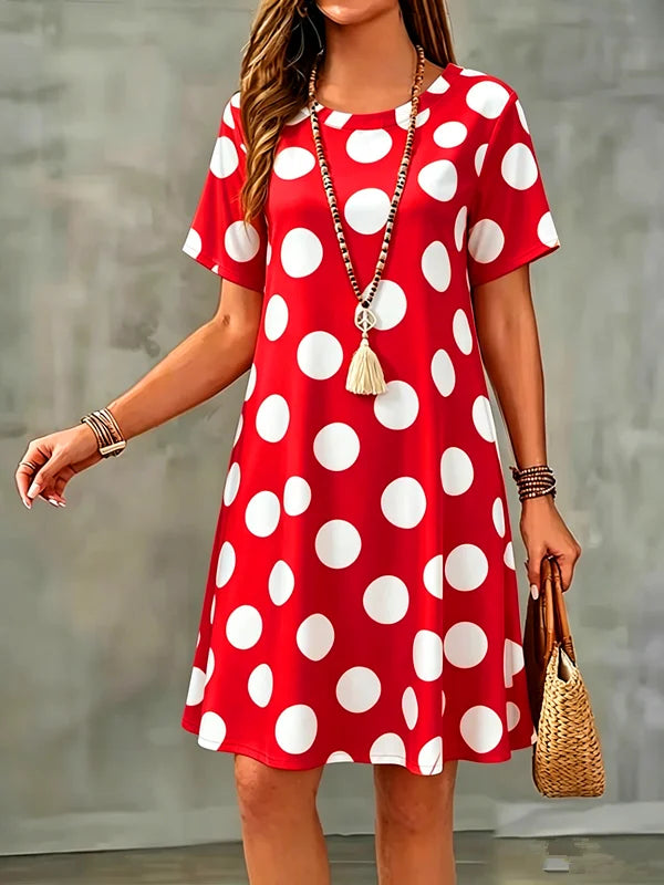 Summer Women Dress Polka Dots Print Short Sleeve O-Neck  A-Line Dress