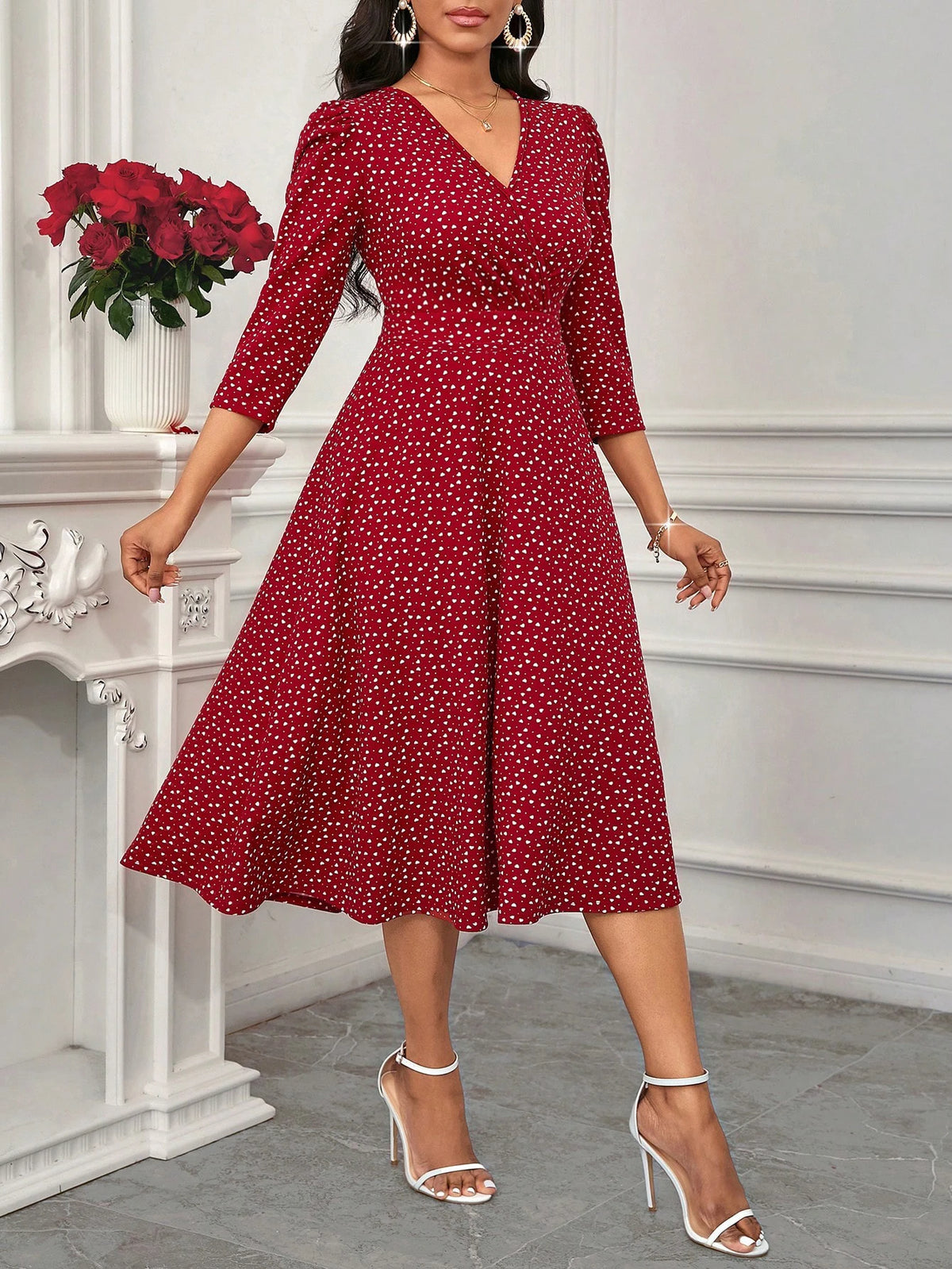 Women's Burgundy White Polka Dot Midi Dress V-Neck Sleeves A-Line Spring