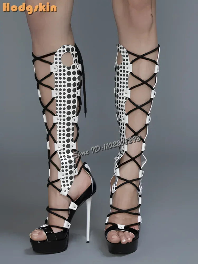 Retro Yellow Patchwork Stilettos Sandals Polka Dot Peep Toe Cross-tied Knee-high Heels 2025 Summer Fashion Women Roman Shoes