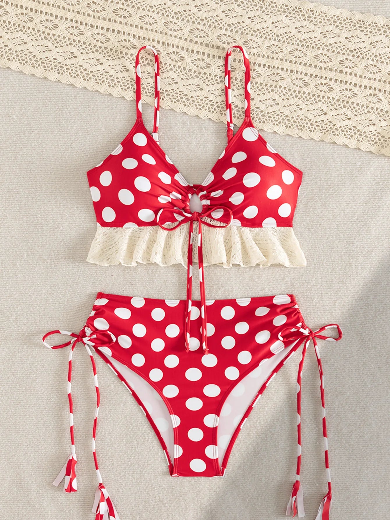Women Retro Polka Dot Bikini Set Out Lace Up Swimsuit Two Piece