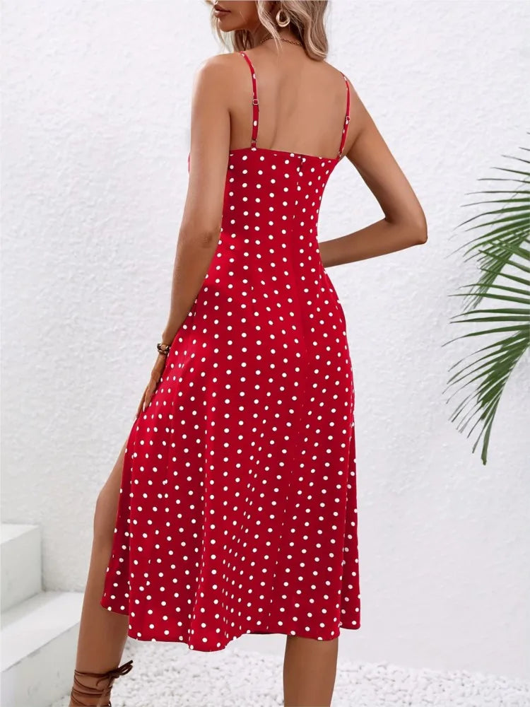 Polka Dot Spaghetti-Strap Midi Dress with Side Slit