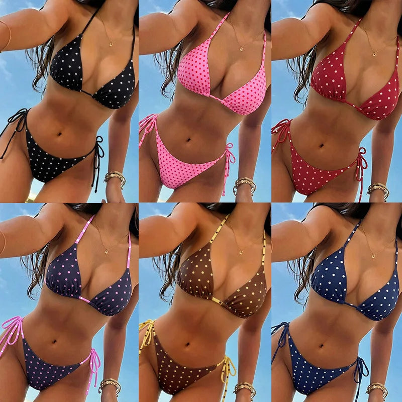Retro Polka Dot Tie Side Bikini Set for Women, Sexy Push