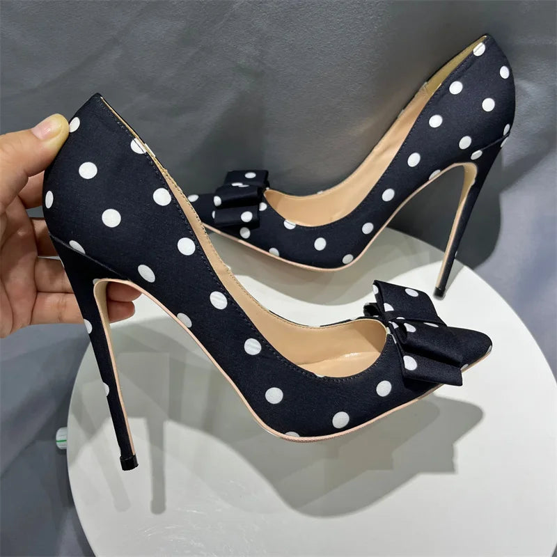 Tikicup Polka Dot Women Black Satin Stiletto High Heels with Bowknot Chic