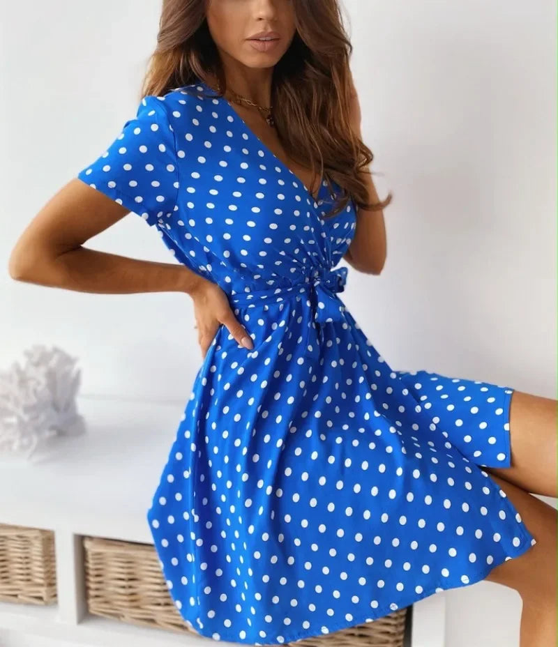 Summer Women's Polka Dot Printed Short Sleeved Casual Dress Fashionable V-neck