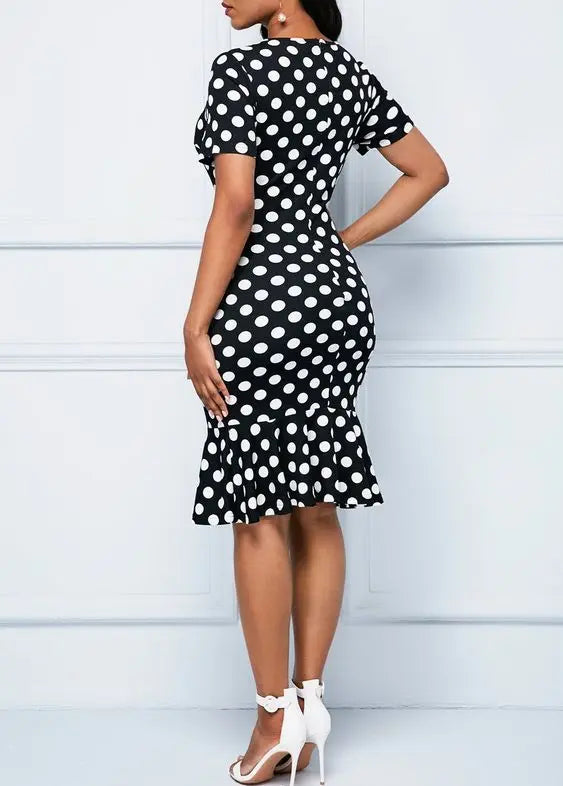 Polka Dot Knee-Length Pencil Dress with Ruffle Hem