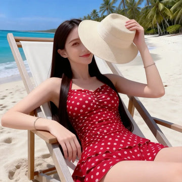 Sweet Red Polka Dot Halter One Piece Swimsuit Dress