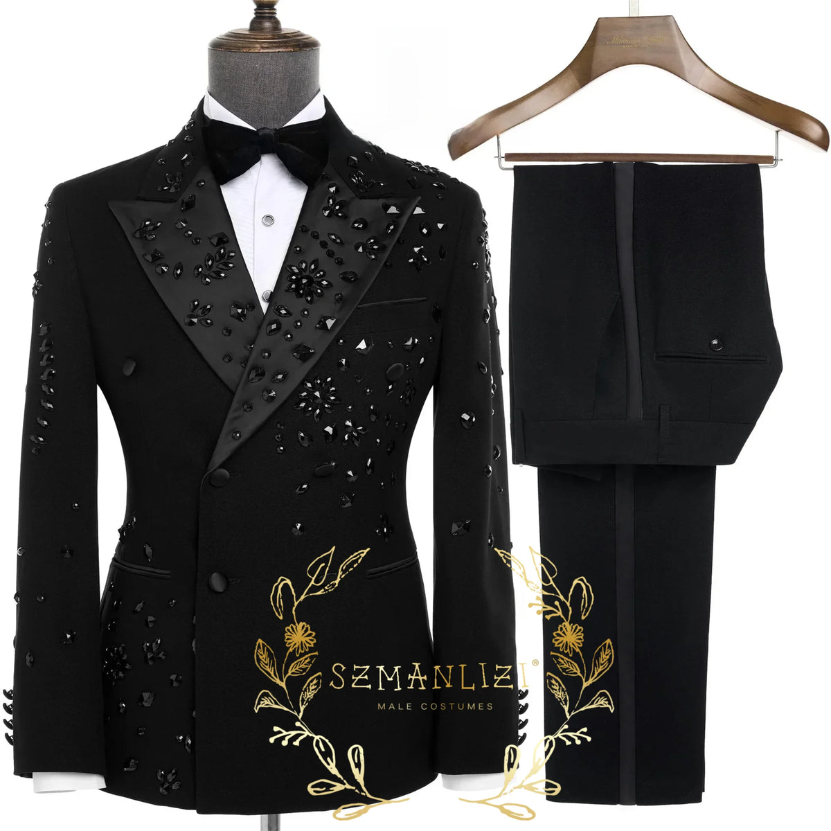 Luxury Gold Crystal 2 Pieces Men's Suits Double Breasted Black Suits Tuxedo Blazer for Wedding Groom Business Dinner Party Suits
