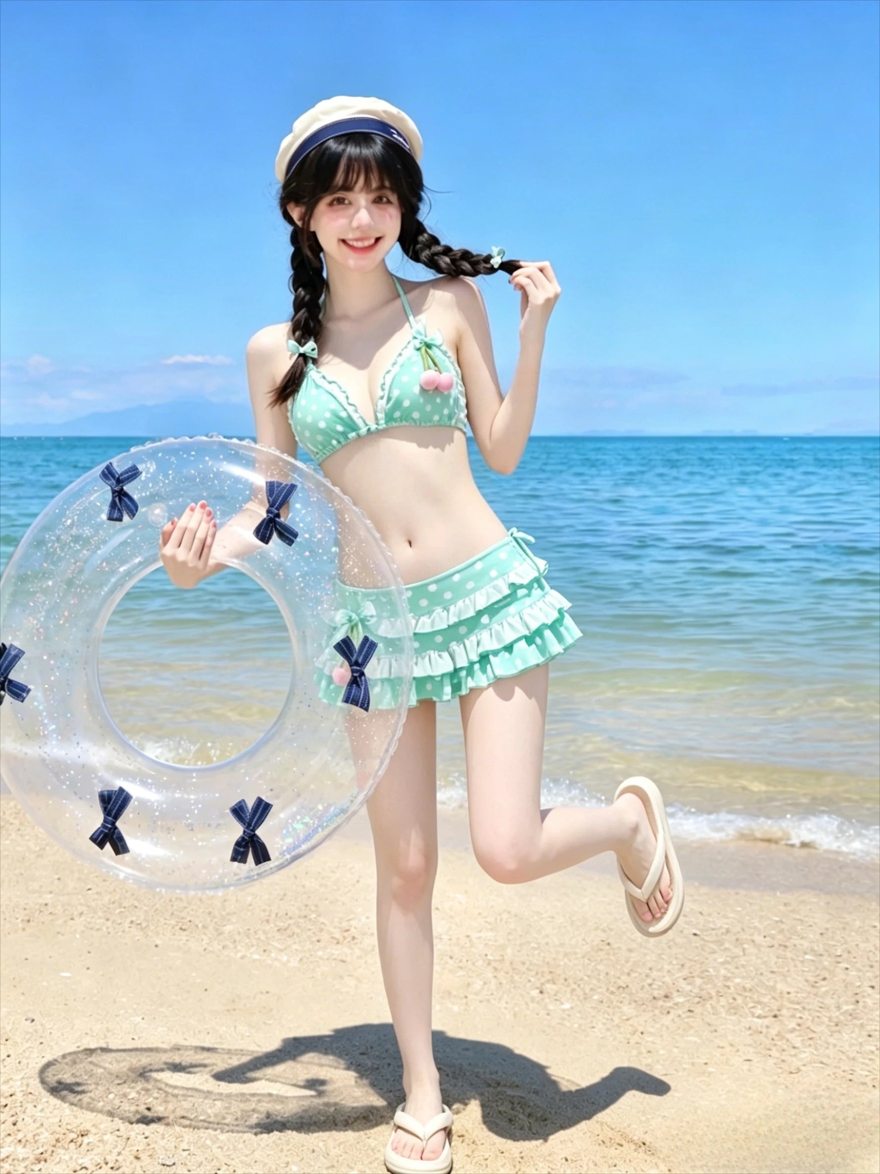 Halter Neck High Waisted Female Bikini Polka Dot Sweet Swimsuit