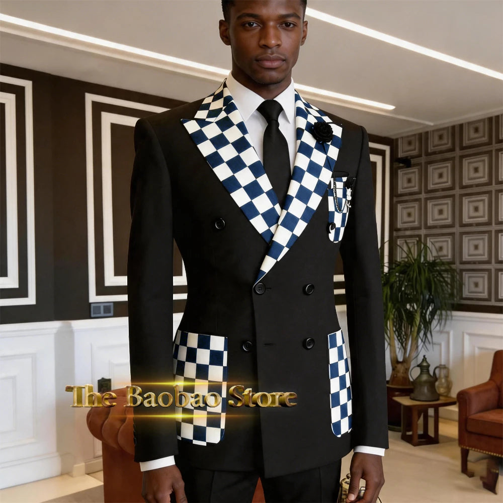 Stylish Men's Suit Black White Checkerboard 2pcs Double Breasted Blazer Pants Custom Slimming Set Wedding Banquet Party Tuxedo