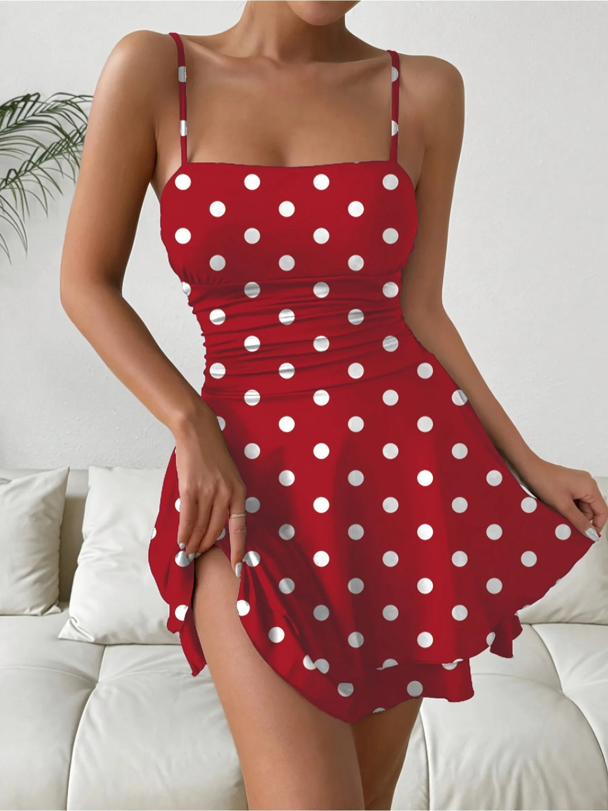 Women's Casual Elegant Square Neck Sleeveless Polka Dot Mini Dress