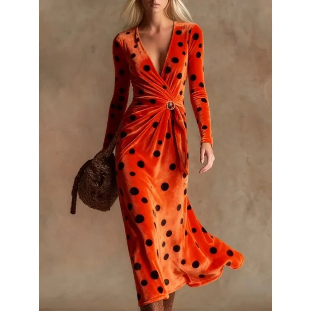 Women's Pink Purple Polka Dot Velvet Maxi Dress Colorful Long Sleeve