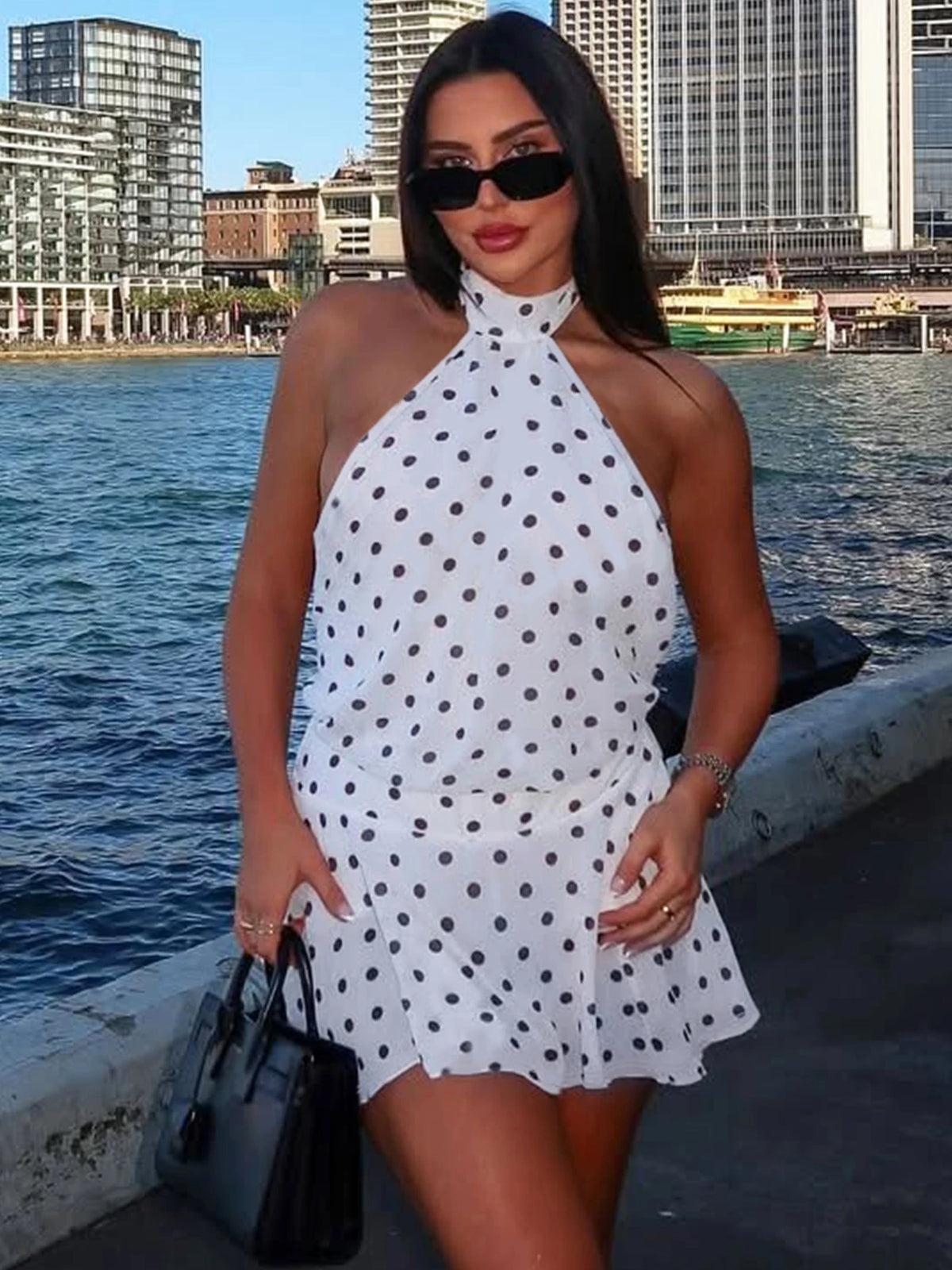 Hugcitar Polka Dot Print Halter Sleeveless Backless Bandage Sexy Slim