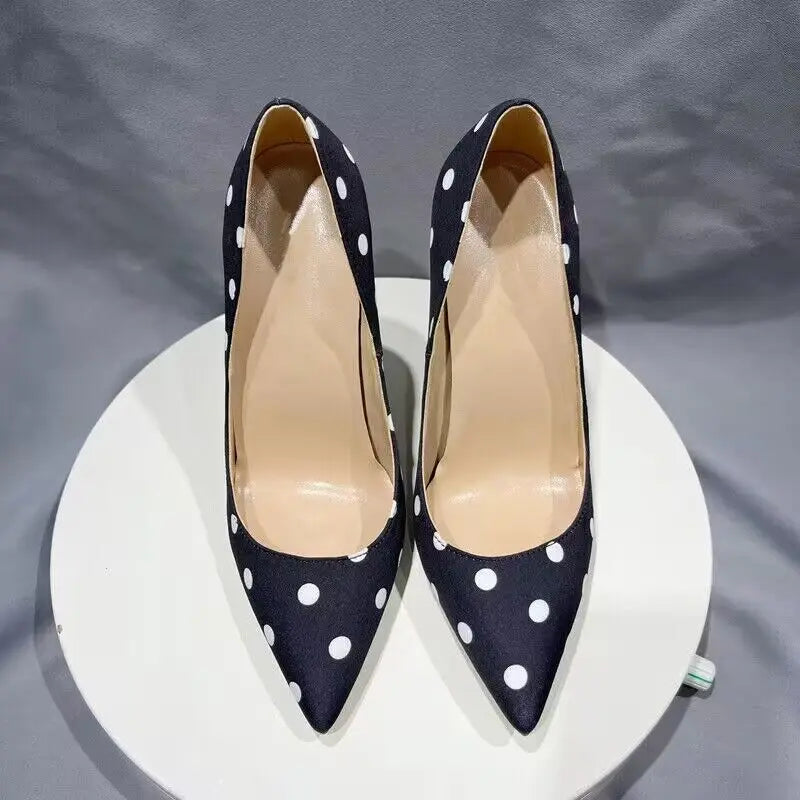 Tikicup Polka Dot Women Black Satin Stiletto High Heels with Bowknot Chic