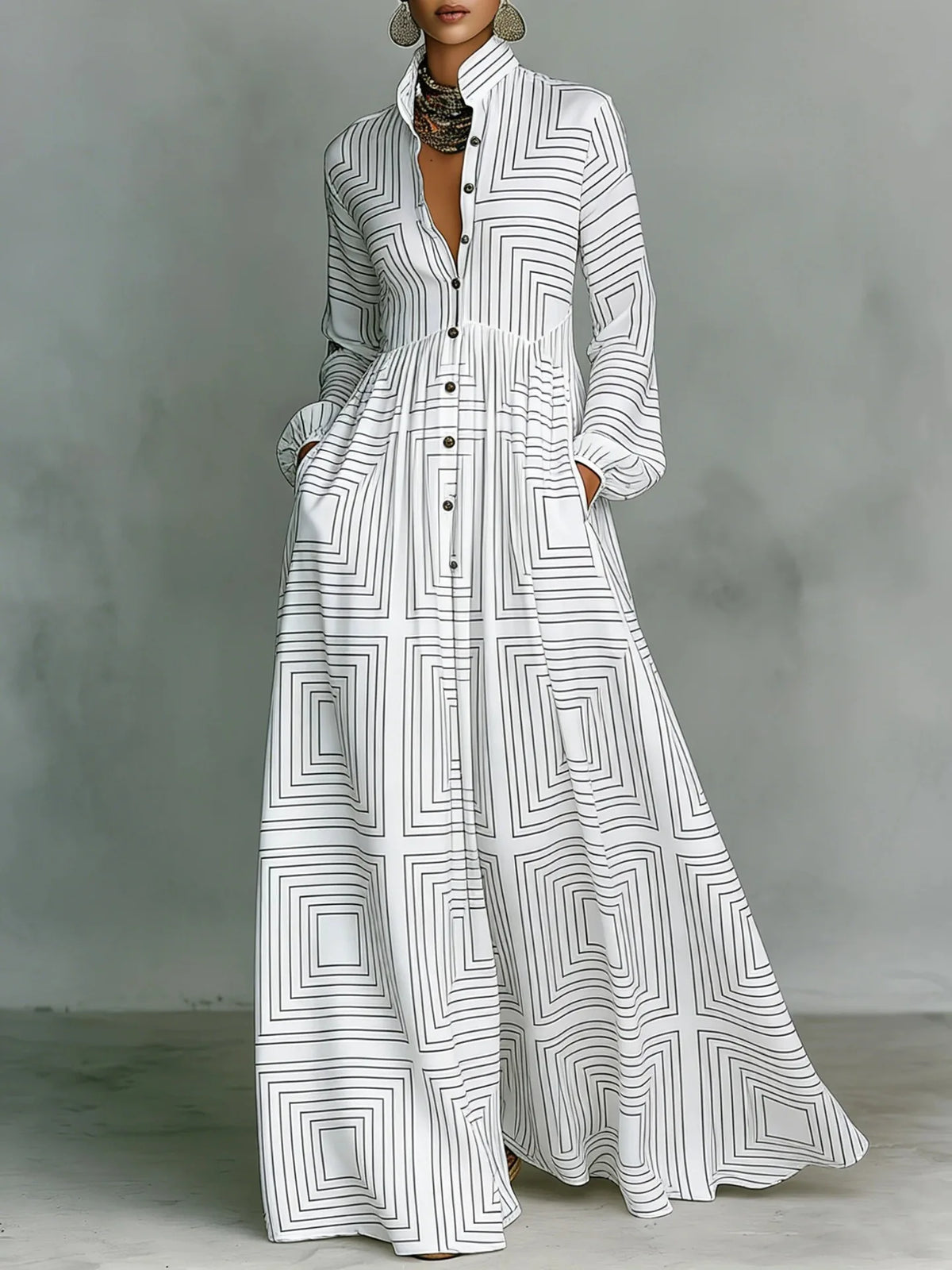 Women's Vintage Polka Dot Ethnic Printed Shirt Dress Long Sleeves Stand