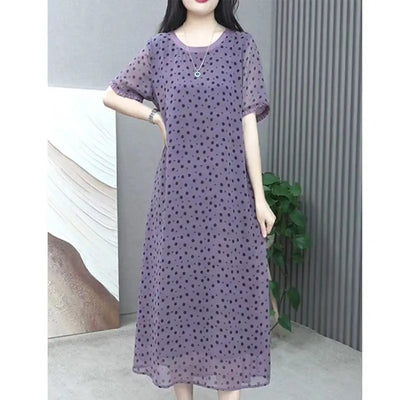 Elegant O-Neck Printed Polka Dot Chiffon Short Sleeve Dress