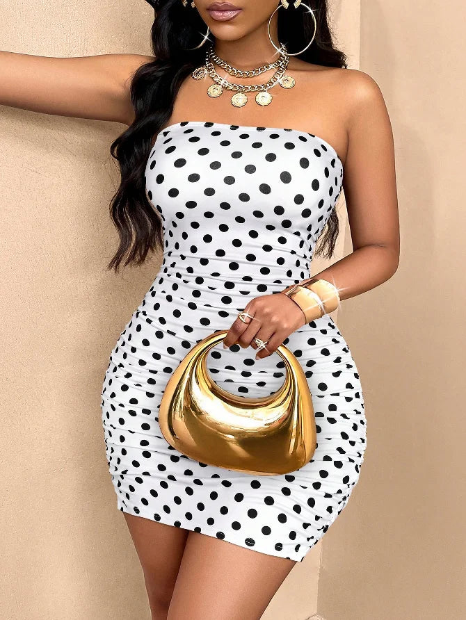 Women's Sexy Polka Dot Ruched Strapless Mini Dress