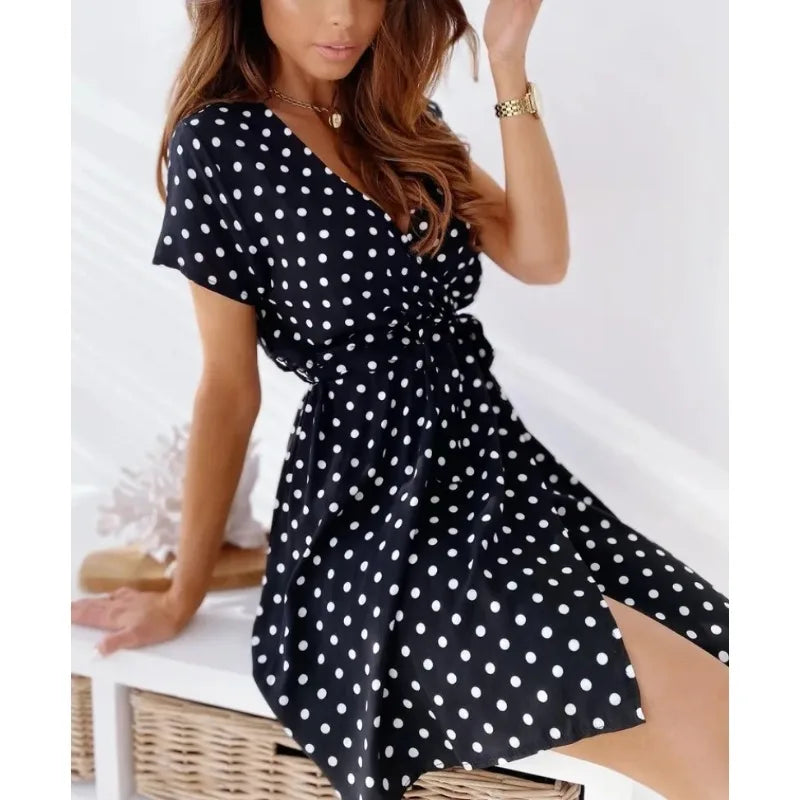 Summer Women's Polka Dot Printed Short Sleeved Casual Dress Fashionable V-neck
