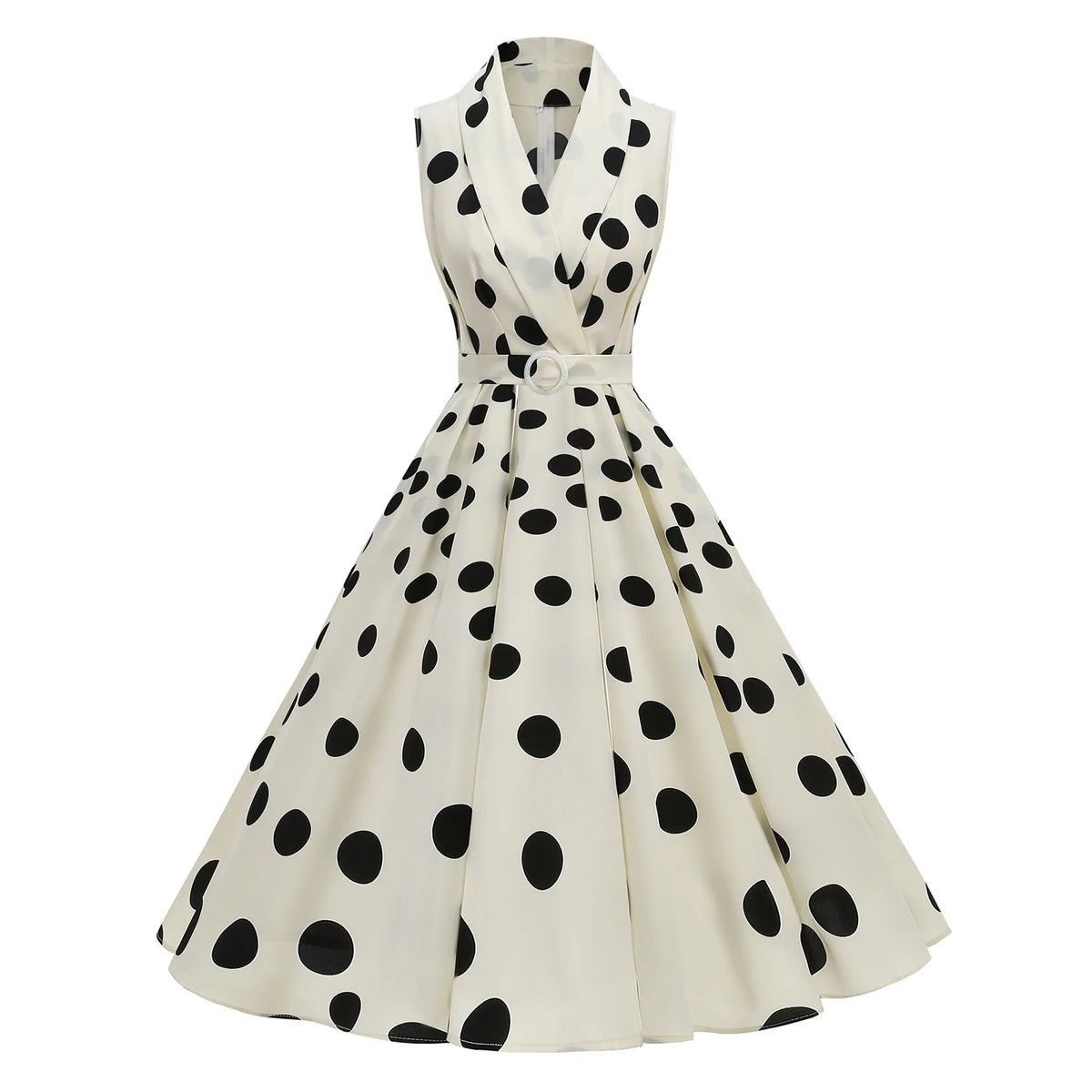 Polka Dot Sleeveless Collared Belted Summer Dress