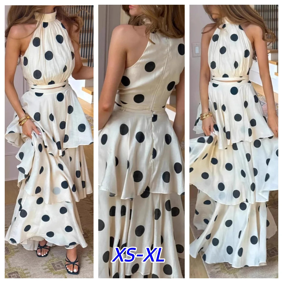 French Retro Holiday Women Long 2 Piece Elegant Polka Dot Sleeveless