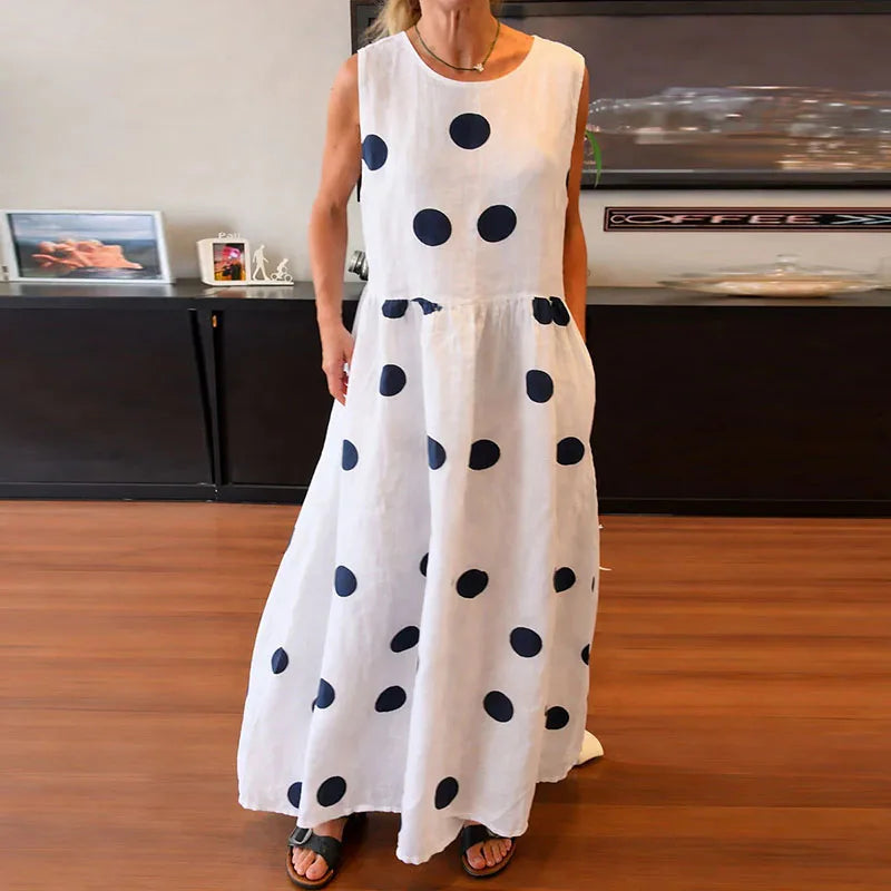 Fashion Polka Dot Printed Draped Maxi Dress Casual Cotton
