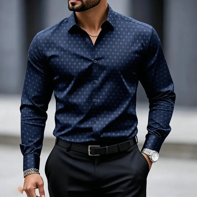 High end black fine geometric polka dot shirt for men slim fit long sleeved business suit