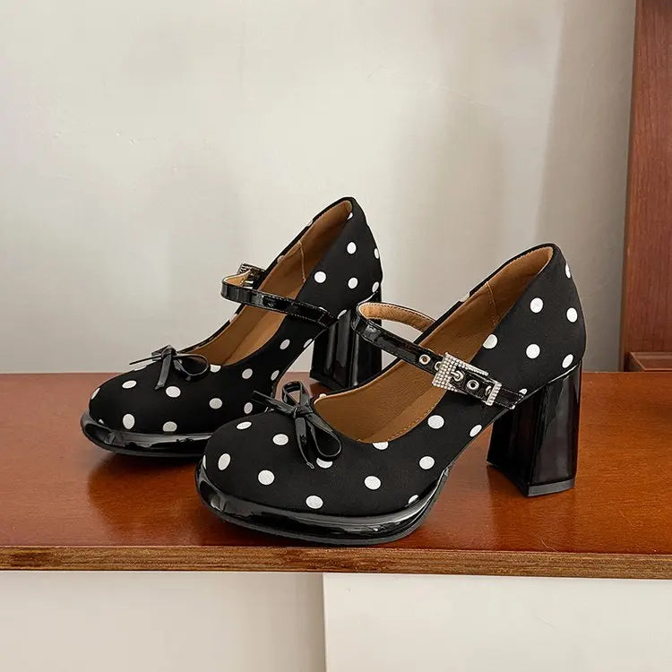 Sweet Polka Dot  Knot Mary Jane High Heels Women's