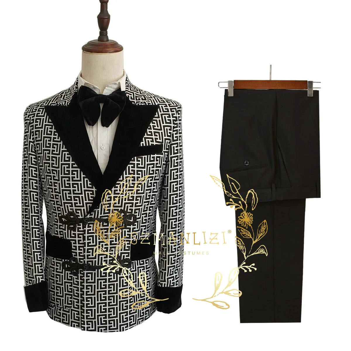 Latest Design Men's Suit Houndstooth Jacket Black Pants 2 Pieces Double Breasted Slim Fit Formal Wedding Tuxedos Evening Dress