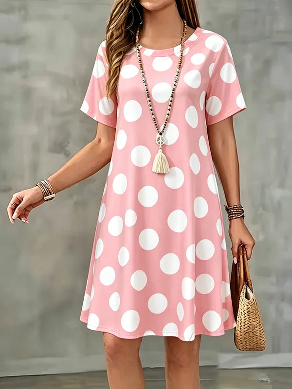 Summer Women Dress Polka Dots Print Short Sleeve O-Neck  A-Line Dress