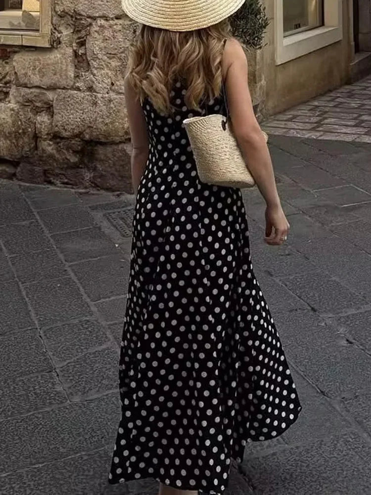 HH Women Polka Dots Print Summer Midi Dress O-Neck Sleeveless Rear Zipper Sexy Dress Female Fashion Slim Beach Party Dress
