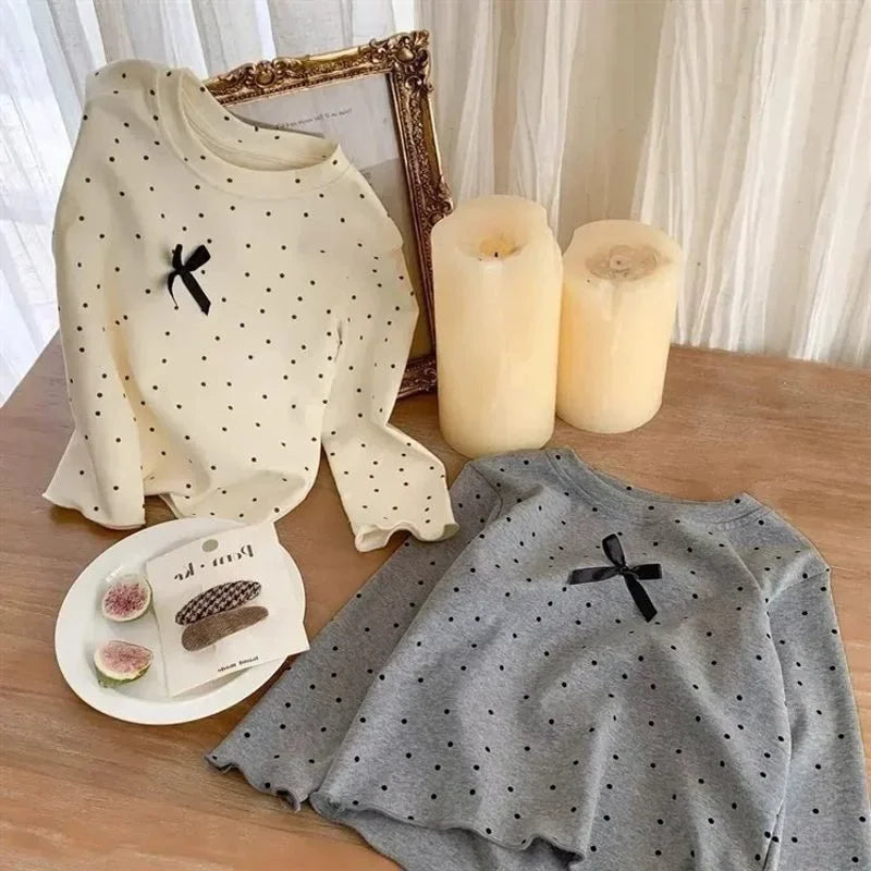 Kid T-shirt Polka Dot Black Bow Long Sleeve Base Shirt Spring