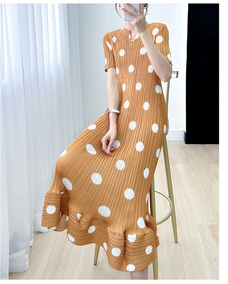 Beautiful Womens Dresses Evening Dresses Miyake Summer Ladies Polka-dot V-neck