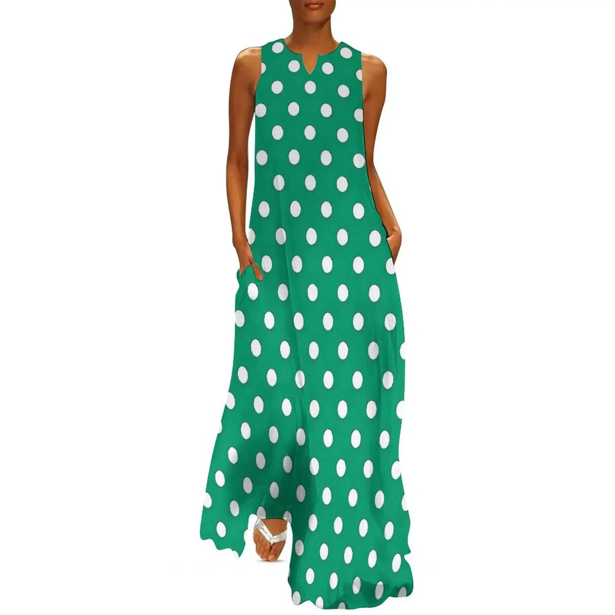 Red And White Polka Dots Print Women Dress  Elegant Maxi Dress V-Neck