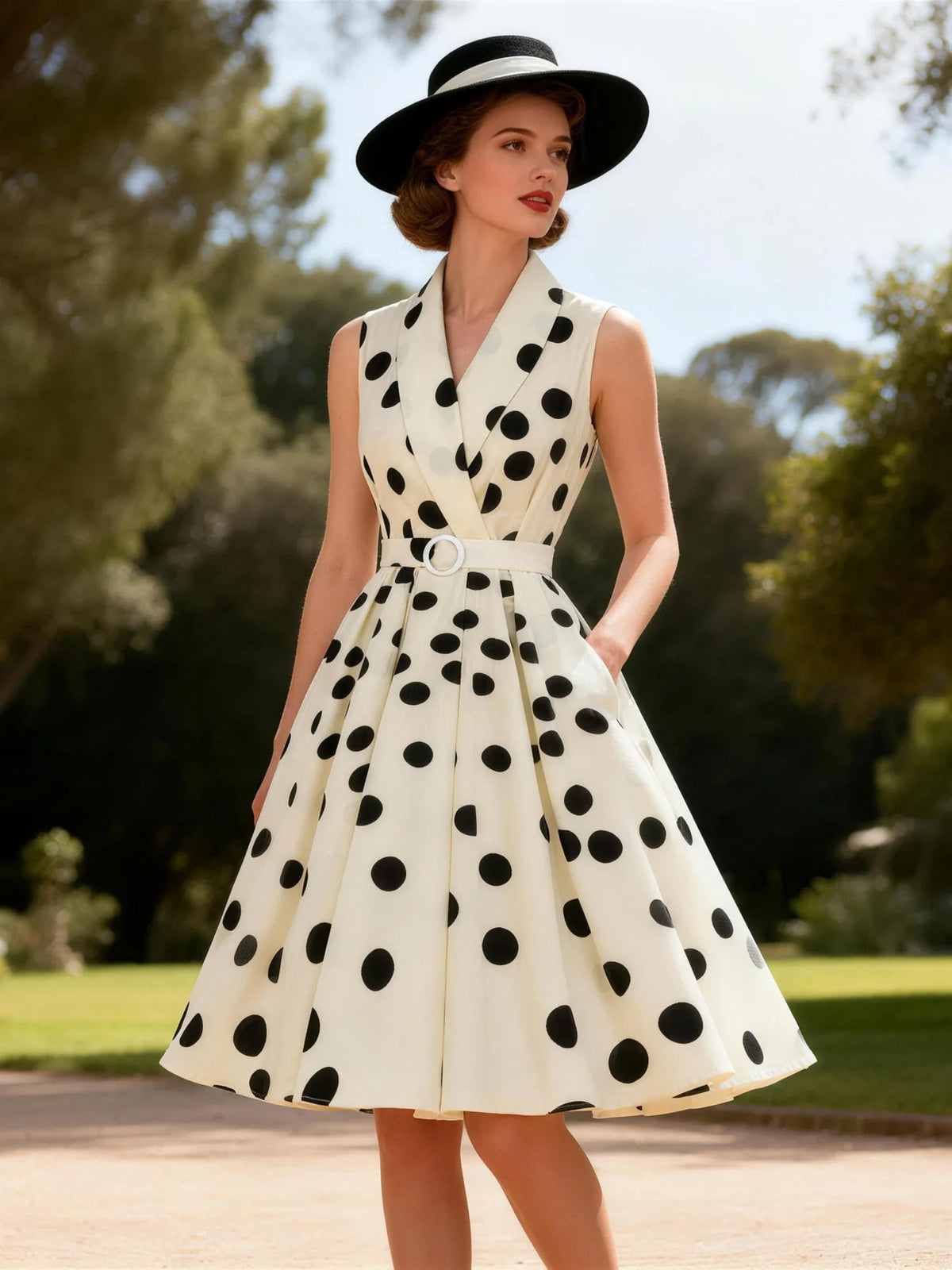 Polka Dot Sleeveless Collared Belted Summer Dress