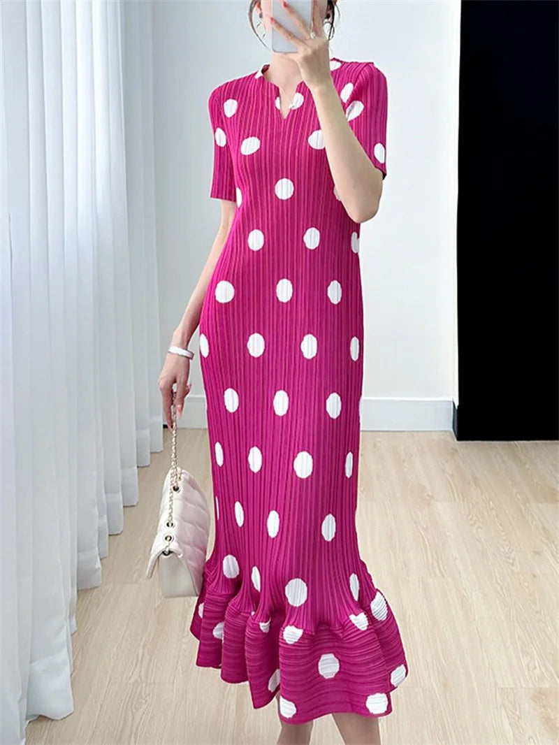 Beautiful Womens Dresses Evening Dresses Miyake Summer Ladies Polka-dot V-neck