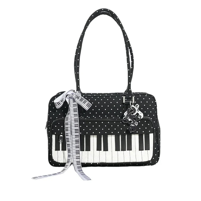 Girls Polka Dot Piano Key Handbag Black And White Retro
