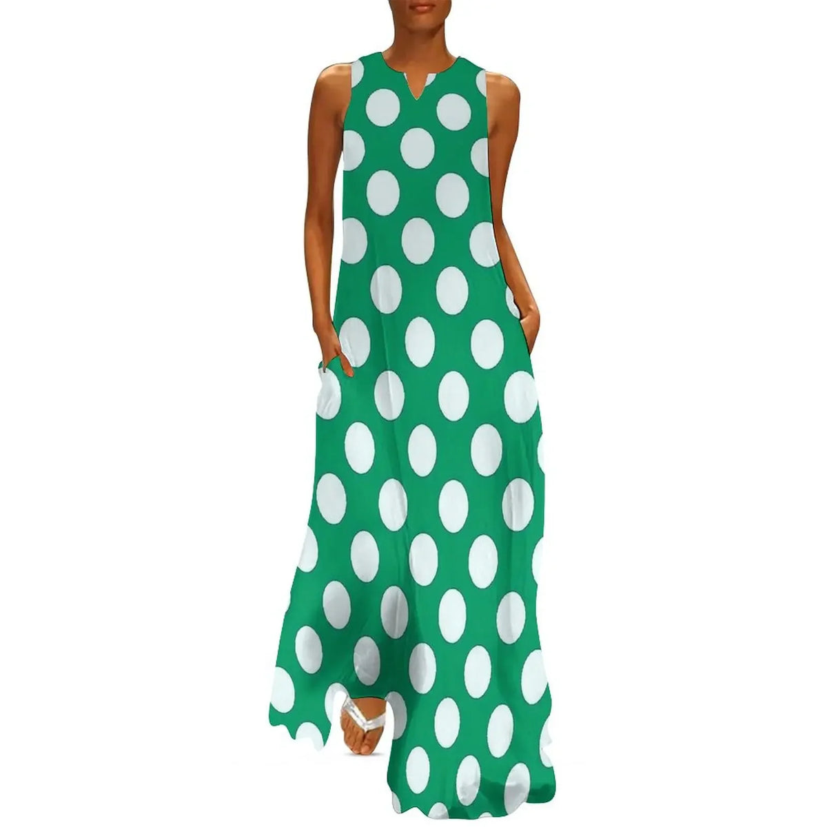 Red And White Polka Dots Print Women Dress  Elegant Maxi Dress V-Neck