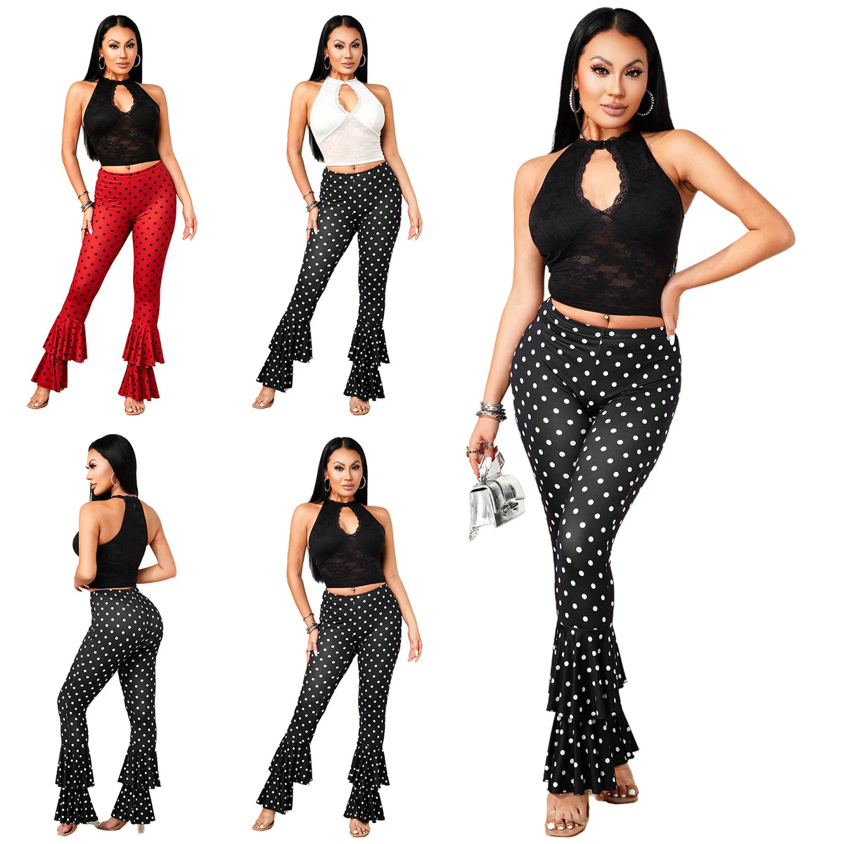 Chic Women Polka Dot Print Two Piece Set Sexy Lace Hole Crop Top+Bodycon