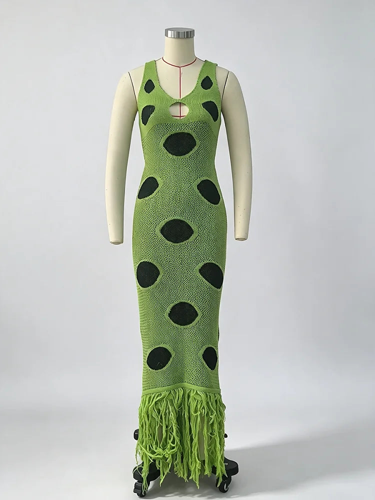 Black Polka Dot Knitted Dress V Neck Hollow Out Fringe Hem Long Maxi Dress