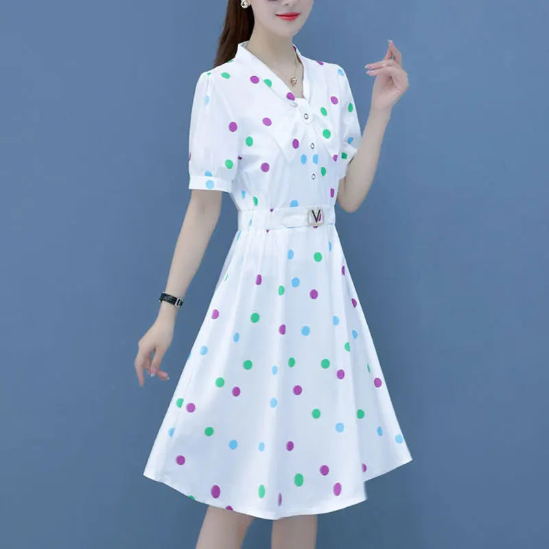 Stylish Polka Dot Dresses A-Line Sashes Women's Clothing Contrasting Colors Summer Commute Scarf Collar Button Korean Midi Dress