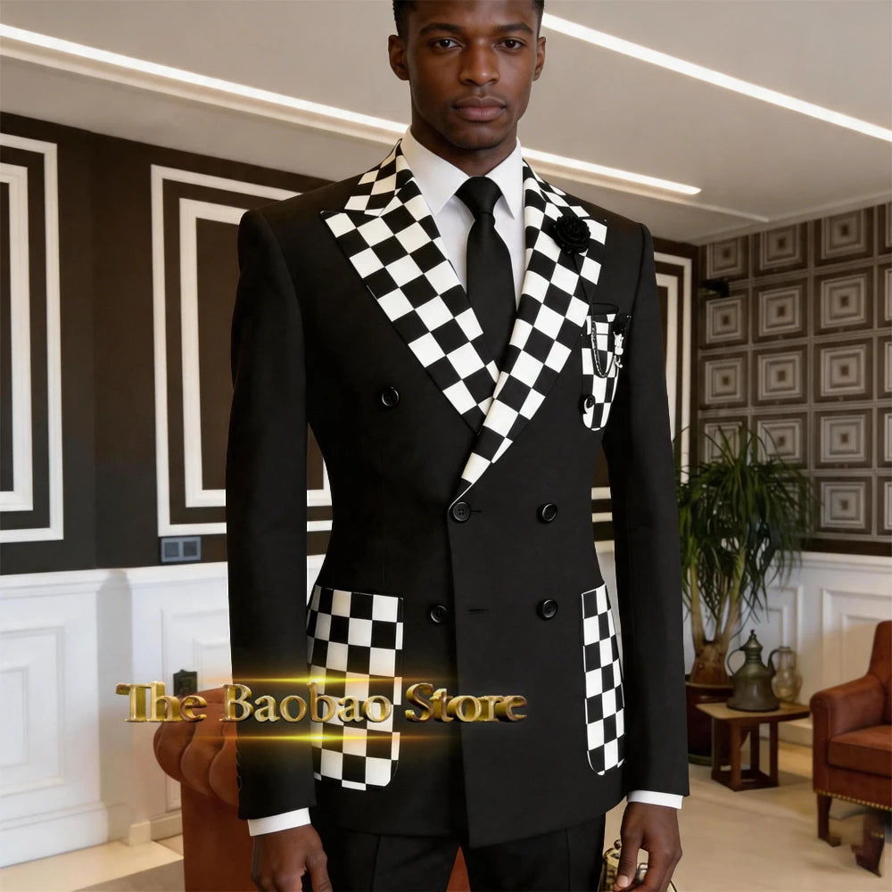 Stylish Men's Suit Black White Checkerboard 2pcs Double Breasted Blazer Pants Custom Slimming Set Wedding Banquet Party Tuxedo