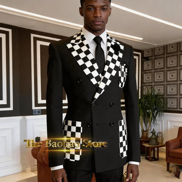 Stylish Men's Suit Black White Checkerboard 2pcs Double Breasted Blazer Pants Custom Slimming Set Wedding Banquet Party Tuxedo