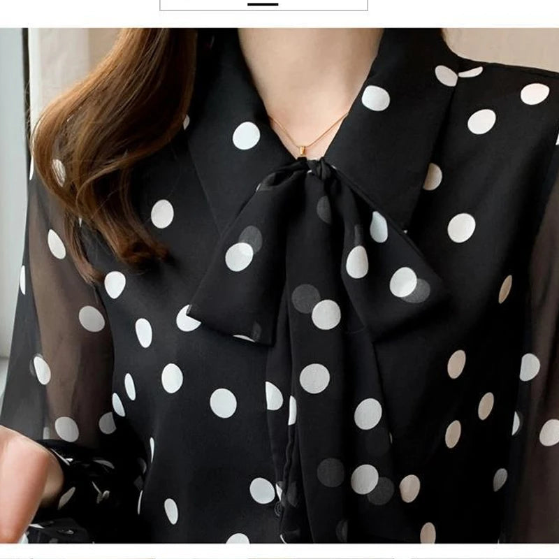 Spring Summer Polka Dot Printing Chiffon Shirt Women Fashion Tops