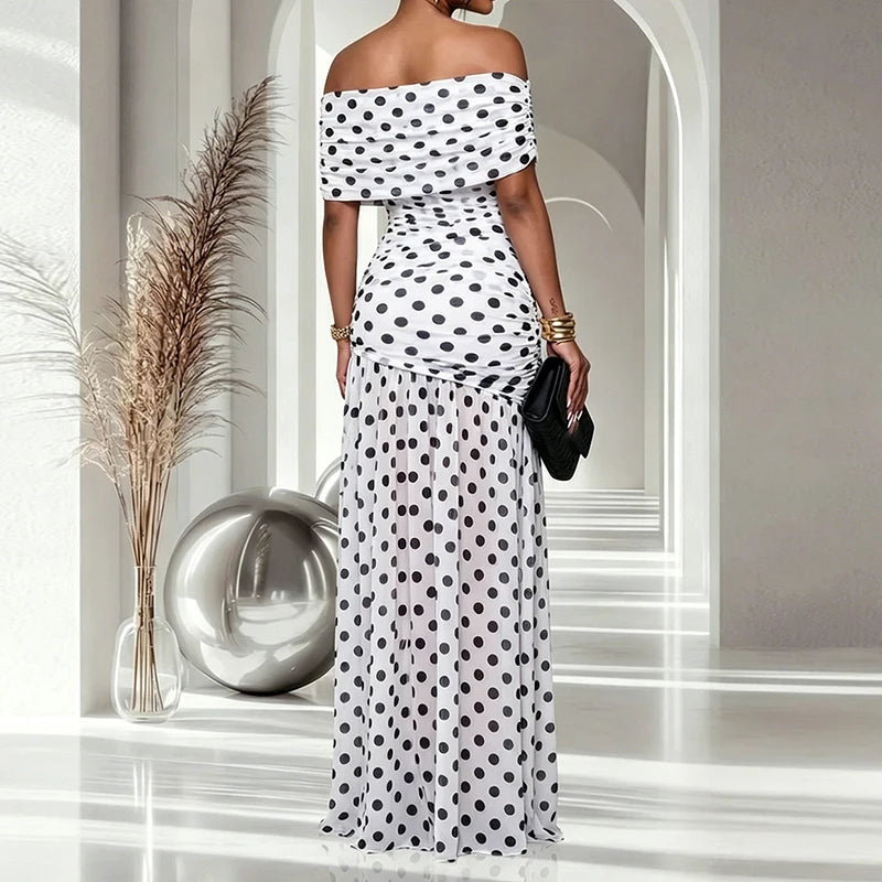 Polka Dot Mesh Off-Shoulder Pleated Party Dress