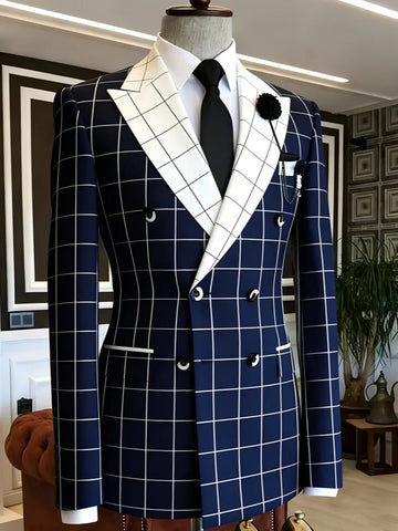 Men Casual Business Slim Fit Windowpane Plaid Blazer Double Breasted White Peak Lapel Formal Wedding Groom Party Suit Jacket