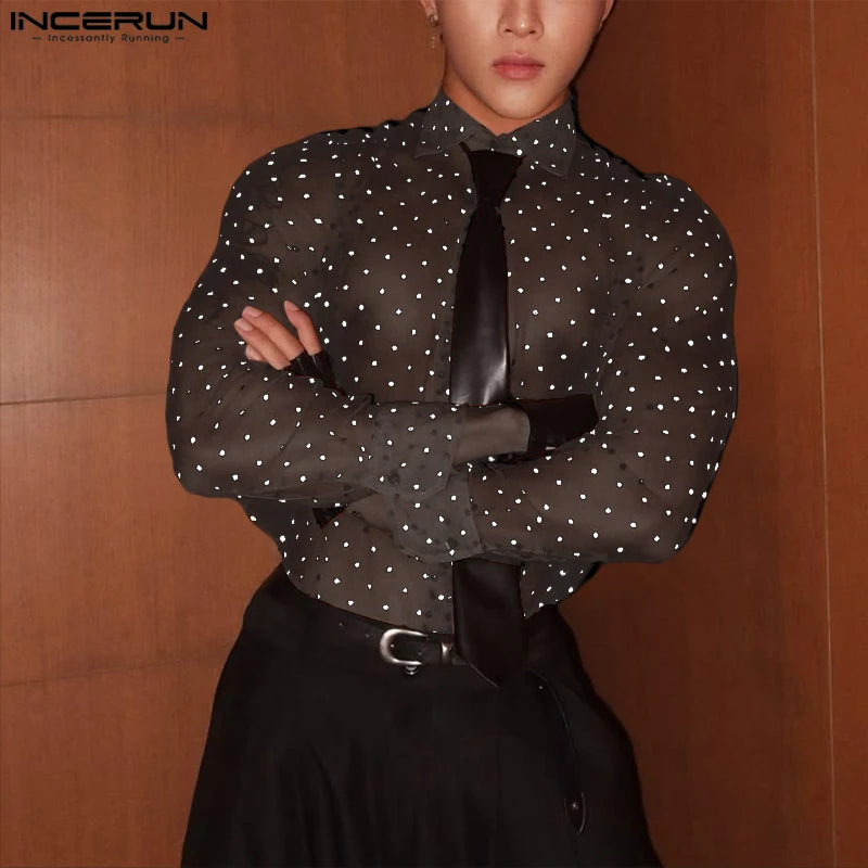 INCERUN Men Shirt Polka Dot Printing Lapel Long Sleeve