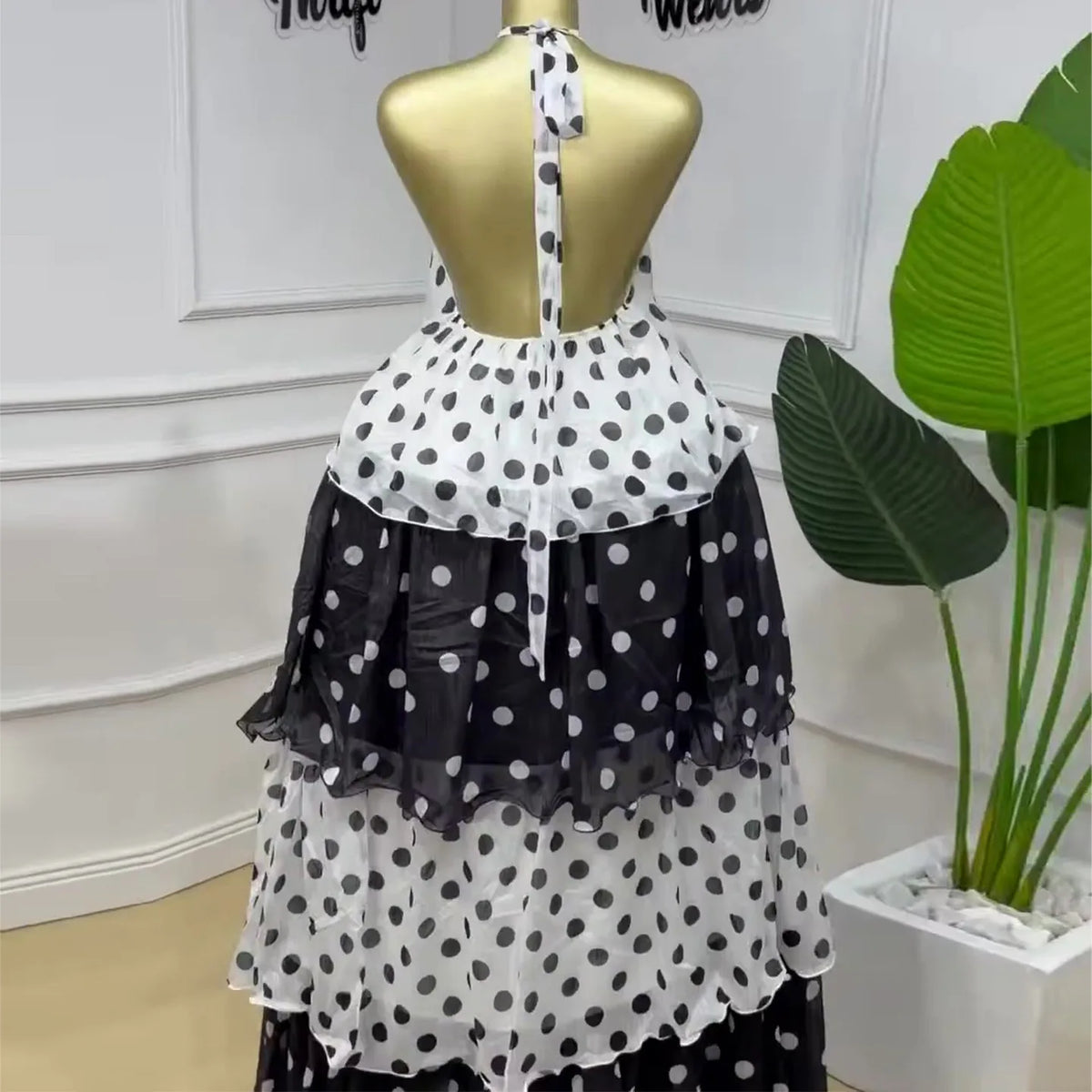Polka Dot Tiered Maxi Dress Halter Neck 3D Flower Chiffon Ruffle Layered